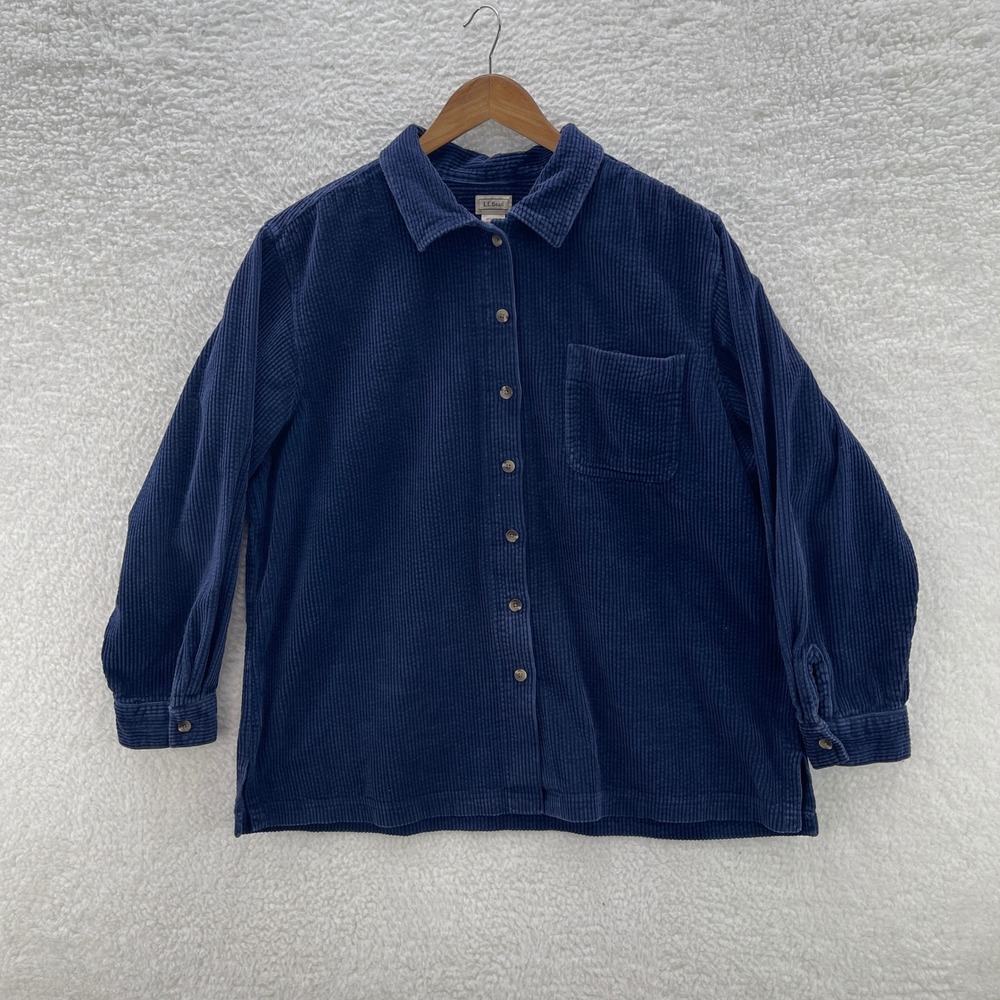 LL Bean Shirt Women XL Navy Blue Corduroy Wide Wale Outdoor Preppy Cabin Granola